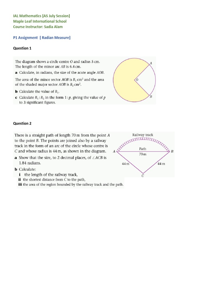 P1 Assignment (Radian Measure) | PDF