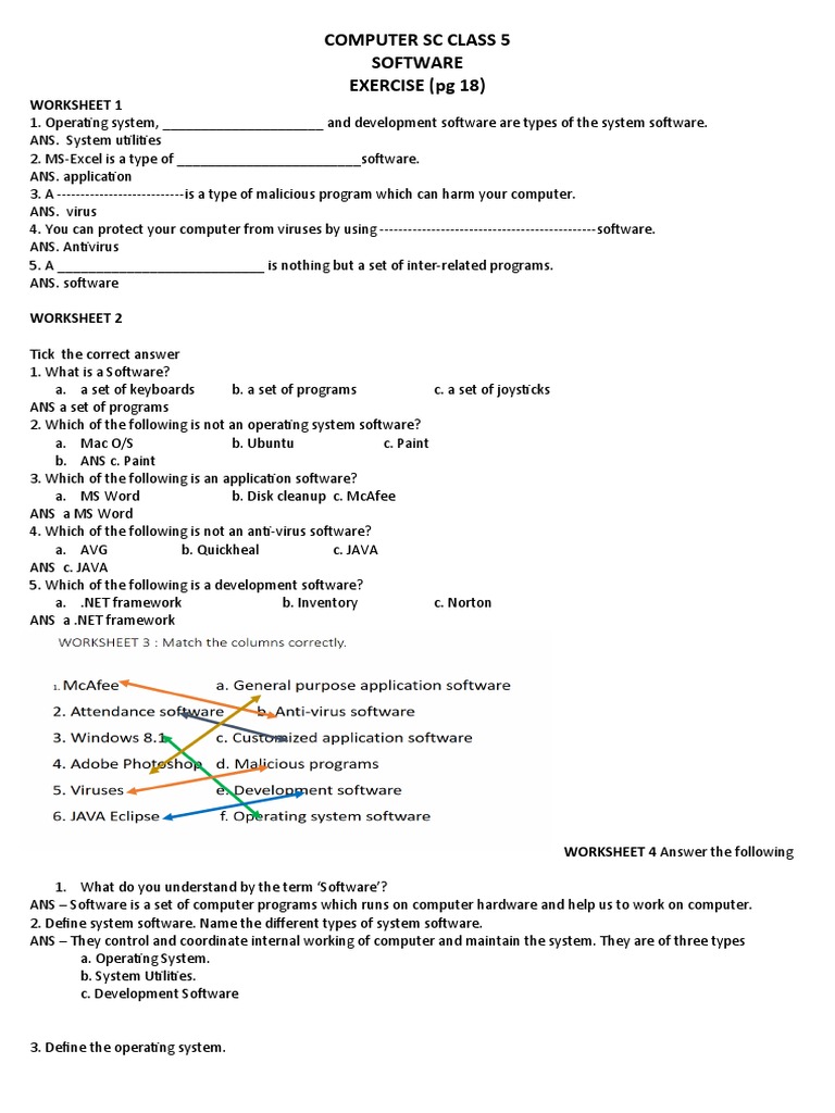 Computer SC Class 5 Software EXERCISE (PG 18) : Worksheet 1 | PDF ...