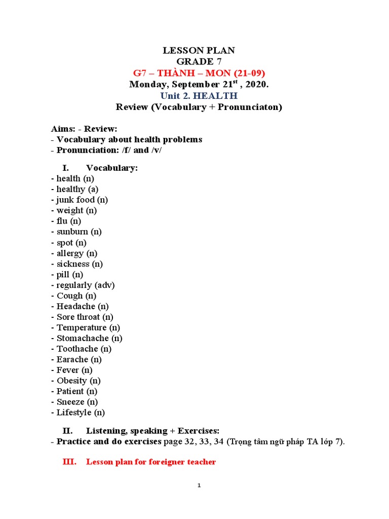 Grade 7 Health Vocabulary Lesson Plan | PDF