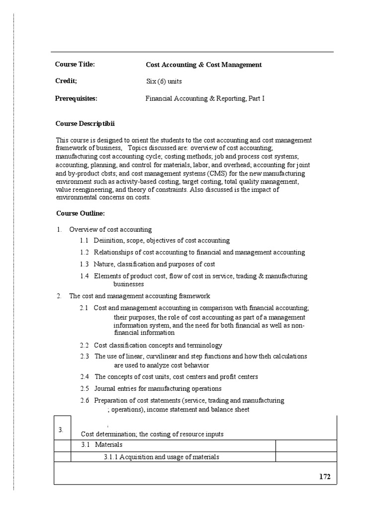 Cost Accounting Course Outline | PDF | Cost Accounting | Cost Of Goods Sold
