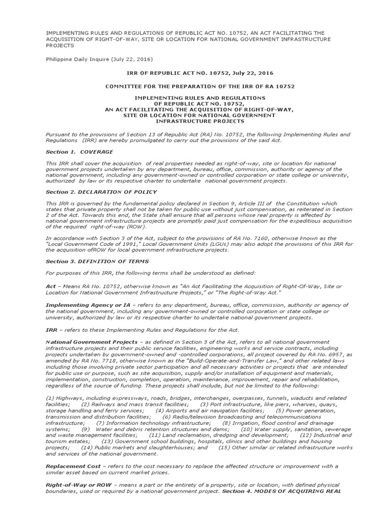 IRR of Republic Act No. 10752 | PDF | Real Estate Appraisal | Eminent ...
