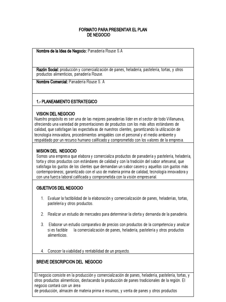 1 - Formato Plan de Negocio | PDF | Panadería | Producto (Negocio)