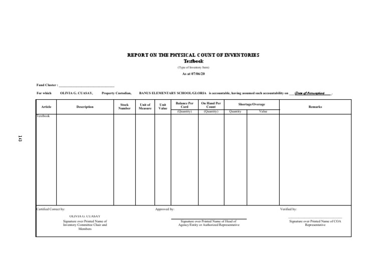 Report On The Physical Count of Inventories Textbook: As at 07/06/20 | PDF