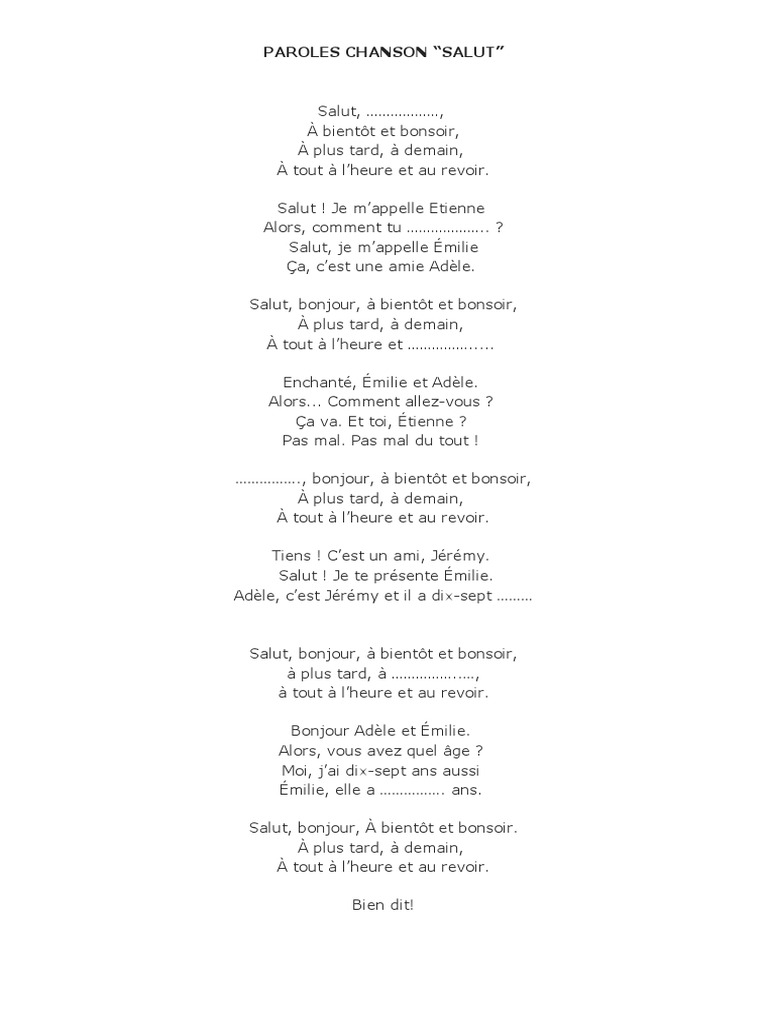 Par La Fenetre Ouverte Bonjour Paroles Paroles Salut! | PDF