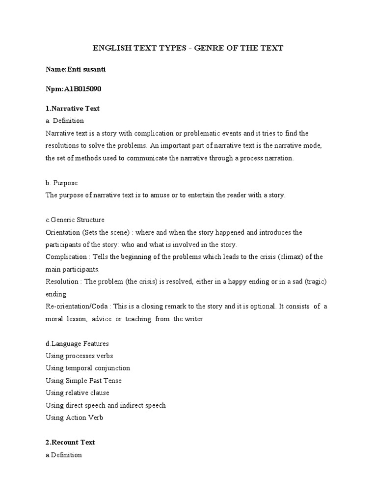 English Text Types - Genre of The Text: Name:Enti Susanti Npm:A1B015090 ...