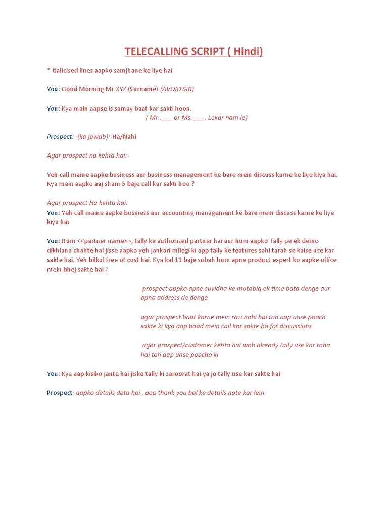 Telecalling Script (Hindi) You You PDF Business