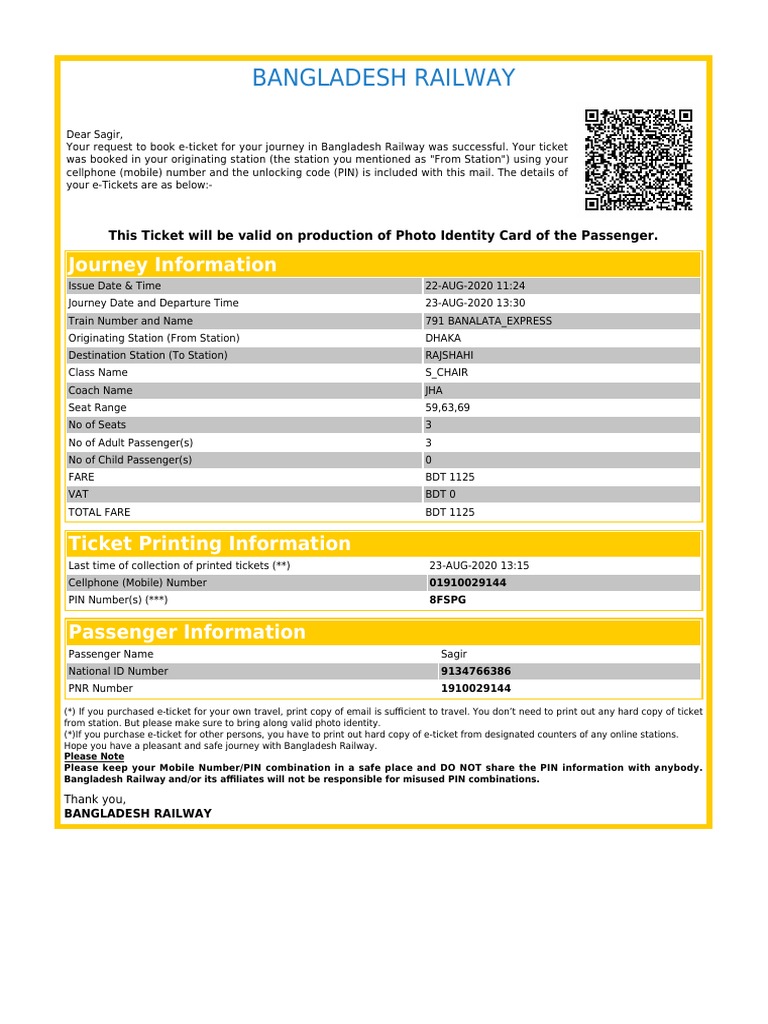 Bangladesh Railway E Ticket 01910029144 Pdf Ticket Admission Ephemera