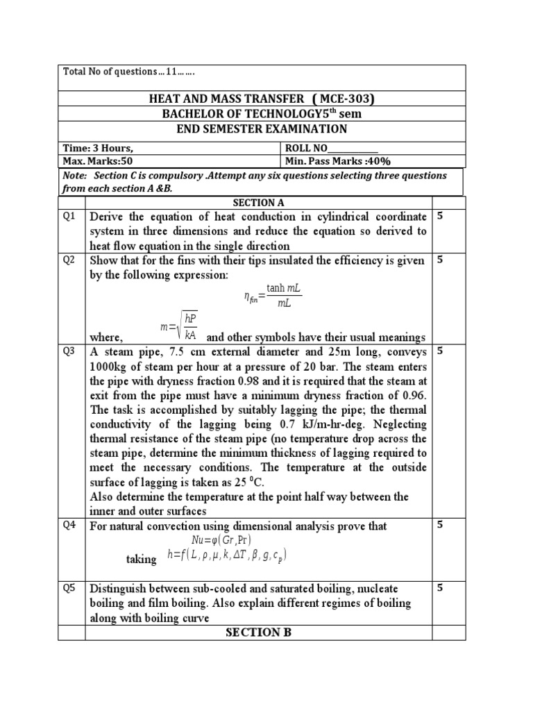 MCE-303 Heat and Mass Transfer Exam | PDF | Heat Transfer | Heat Exchanger