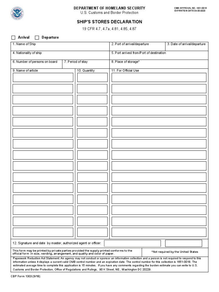 Ship's Stores Declaration Form 1303 | PDF