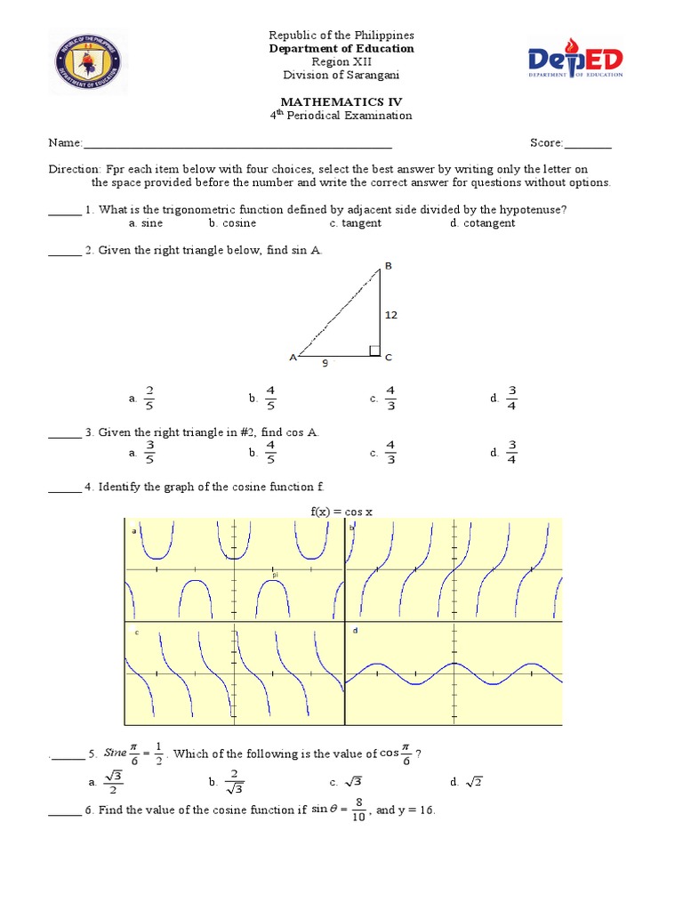 Exam Trigo Adv Algebra 4th Final Trigonometric Functions Sine