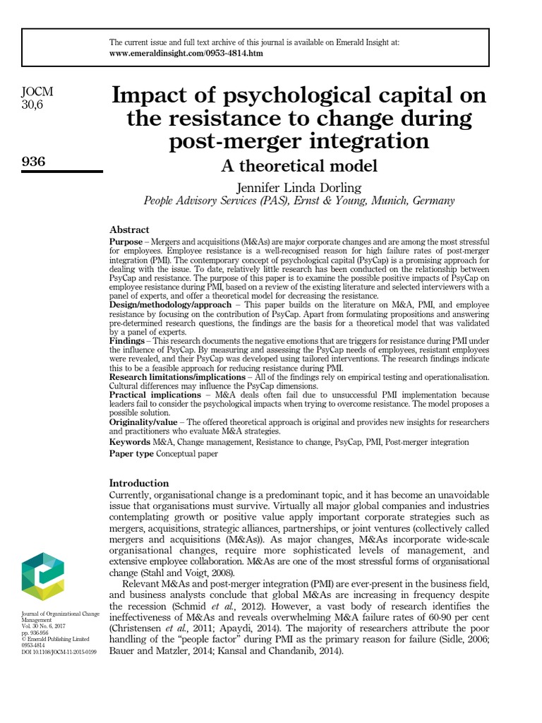 Impact of Psychological Capital On The Resistance To Change During Post ...