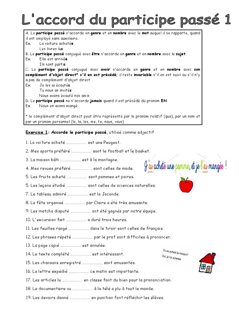 Accord Du Participe Passé Avec Avoir Exercices Corrigés Pdf 1, Accord Participe Passe Exercice Grammatical Feuille Dexercices Fiche  Peda - 91955 | PDF | Pronom | Genre grammatical