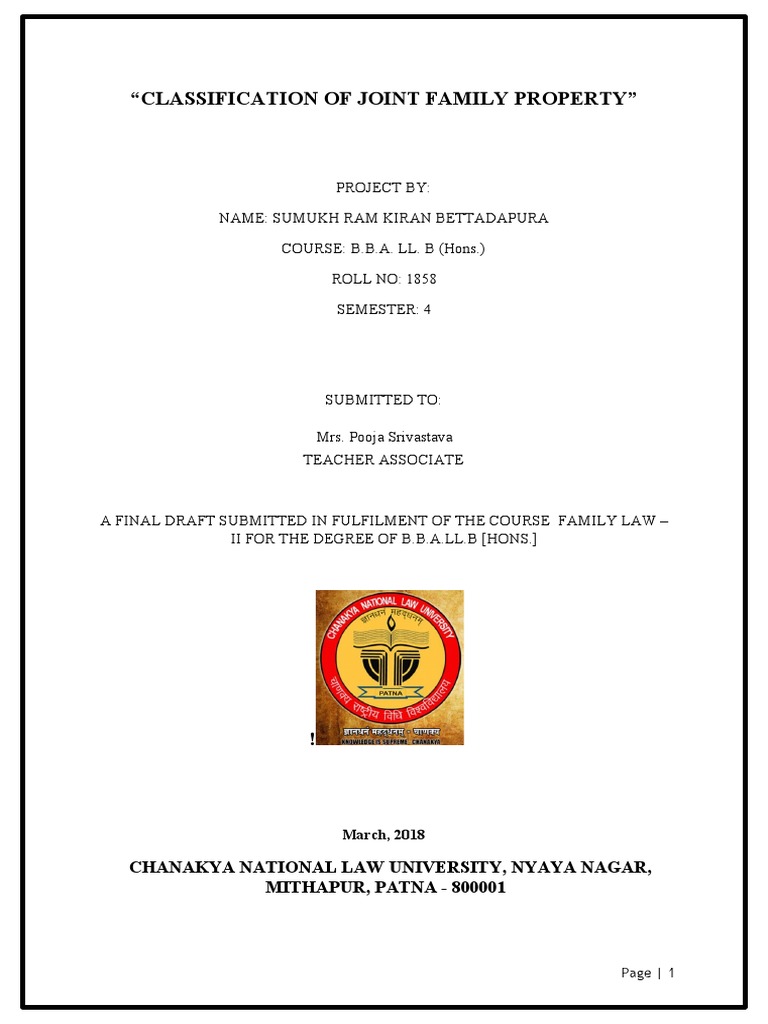 "Classification of Joint Family Property" Chanakya National Law