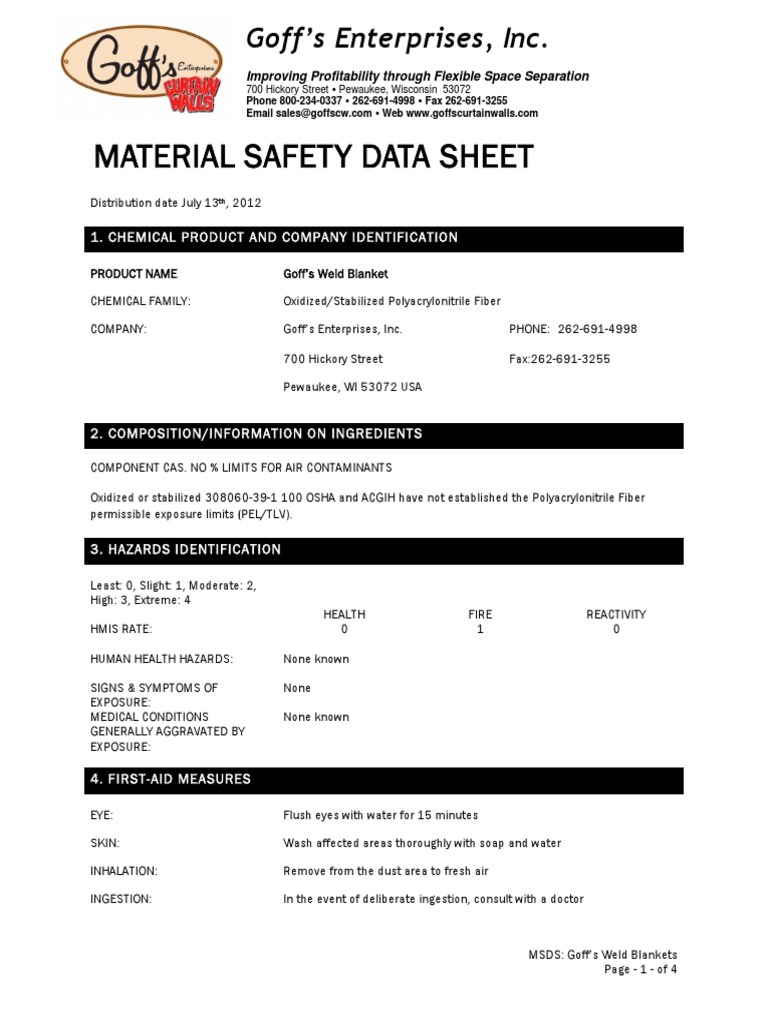 MSDS Goff's Weld Blankets PDF Carbon Dioxide Water