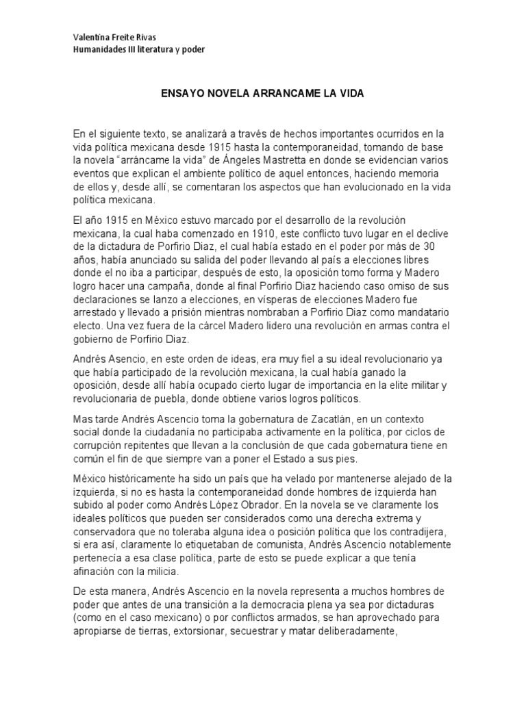 Ensayo Novela Arrancame La Vida PDF México revolución mejicana