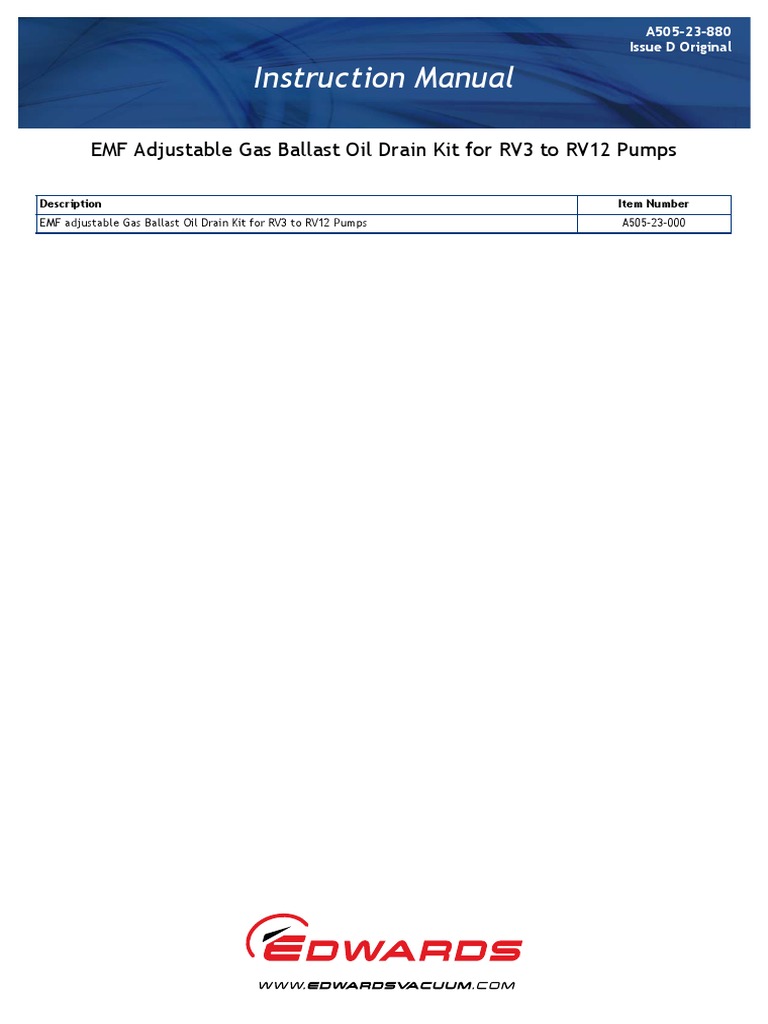 Instruction Manual EMF Adjustable Gas Ballast Oil Drain Kit For RV3 To RV12 Pumps PDF Pump
