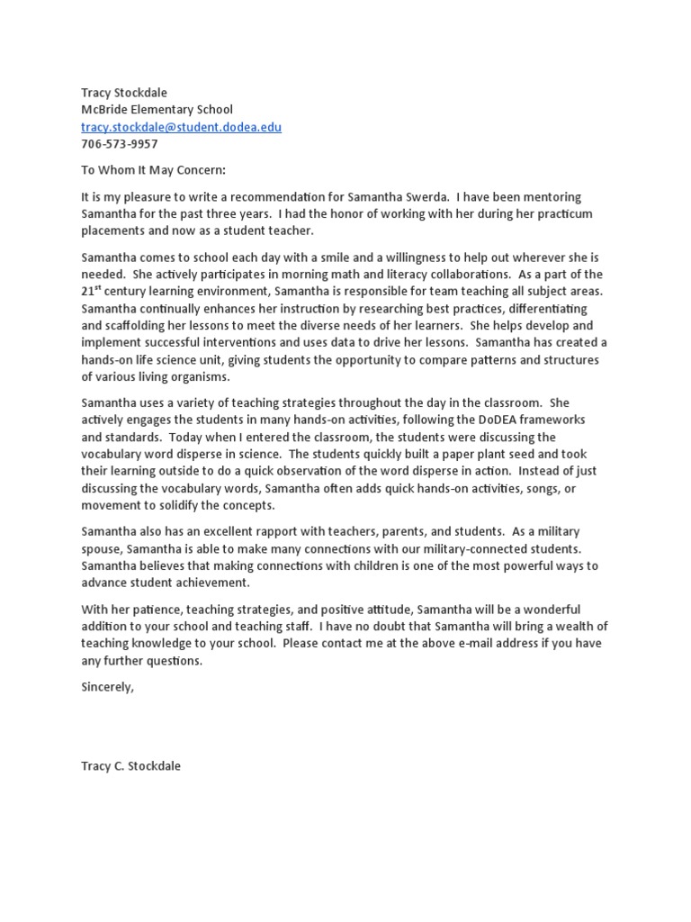 Recommendation for Samantha Swerda | PDF