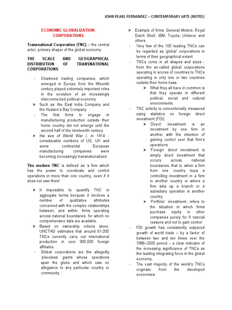 Transnational Corporation (TNC) The Central Economic Globalization