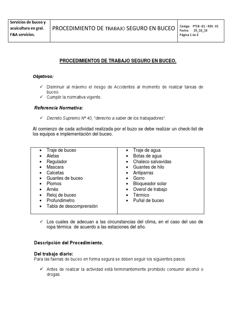 Procedimientos de Trabajo Seguro en Buceo | PDF | Buceo bajo el agua | Mar