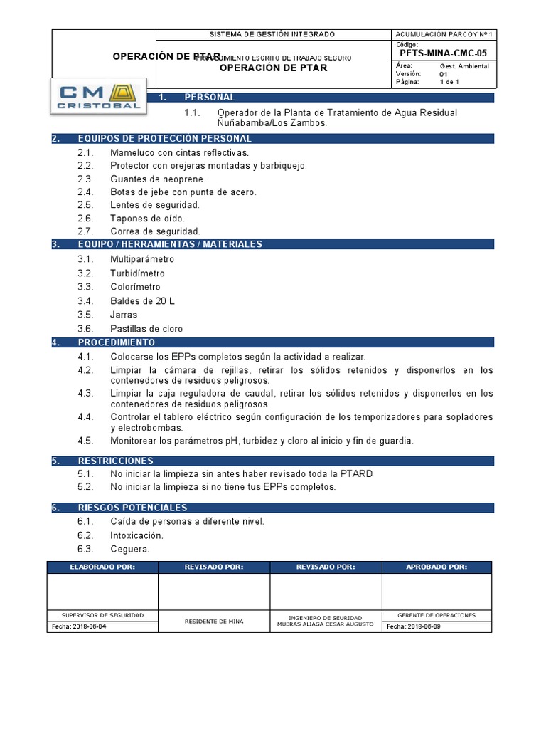 SN3.2-PETS-05 Operación de PTAR | PDF | Cuestiones ambientales | Salud ...