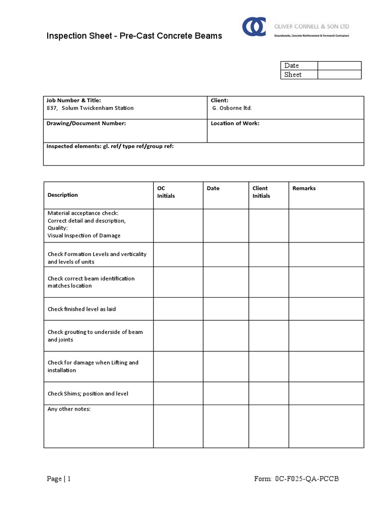Pre-Cast Beam Inspection Sheet | PDF | Technology & Engineering