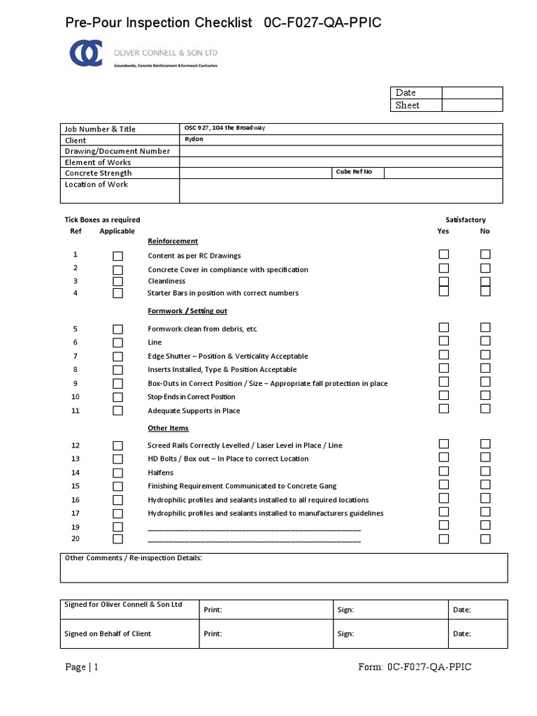 Pre-Pour Inspection Checklist Template | PDF | Building Engineering ...