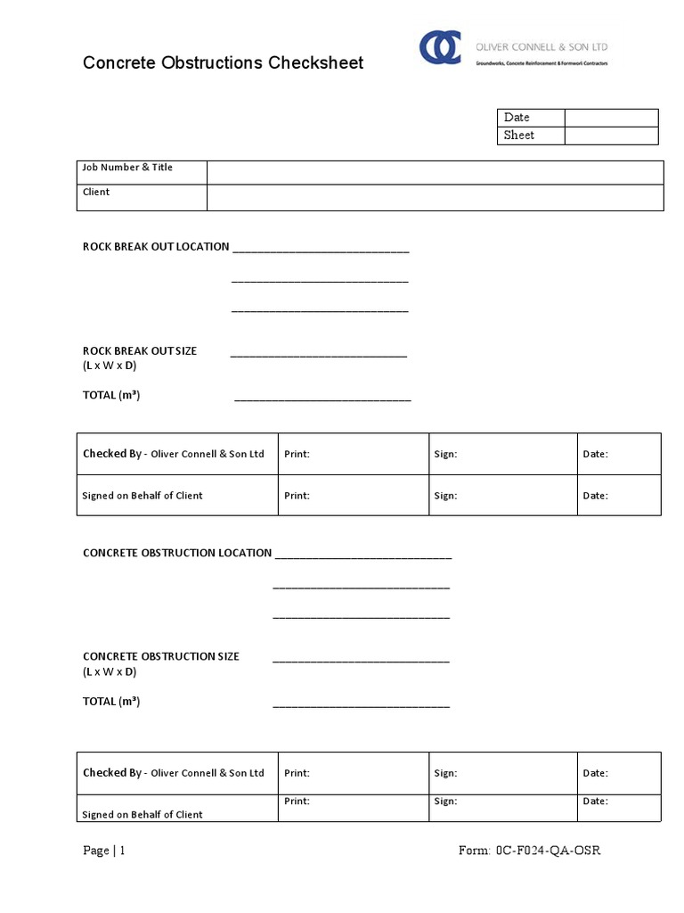Concrete Obstructions Checksheet Template | PDF