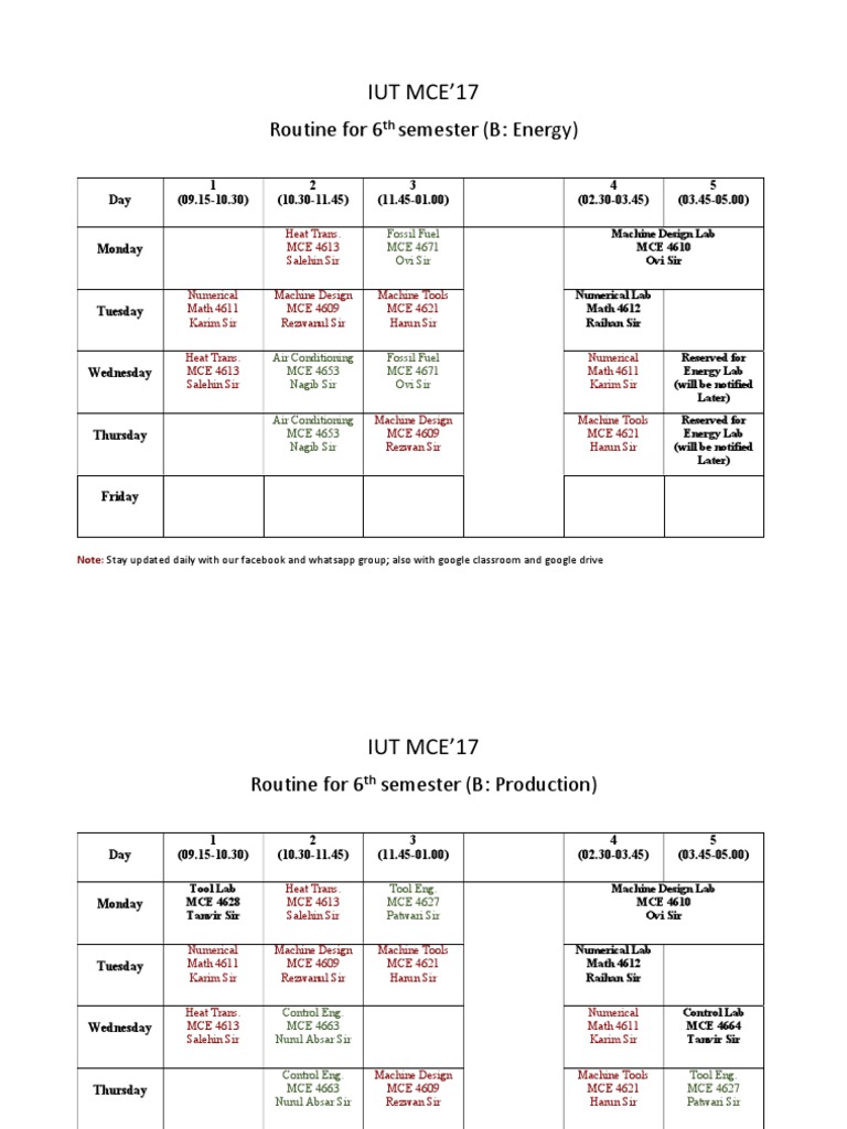 IUT MCE'17 6th Semester Routine | PDF | Energy Production | Nature