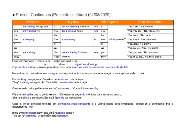Exemplos do Presente Contínuo | PDF | Artes Linguísticas e Disciplina ...