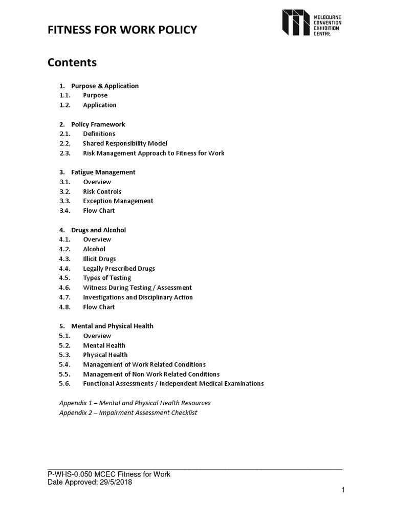 MCEC Fitness for Work Policy Overview | PDF | Employment | Occupational ...