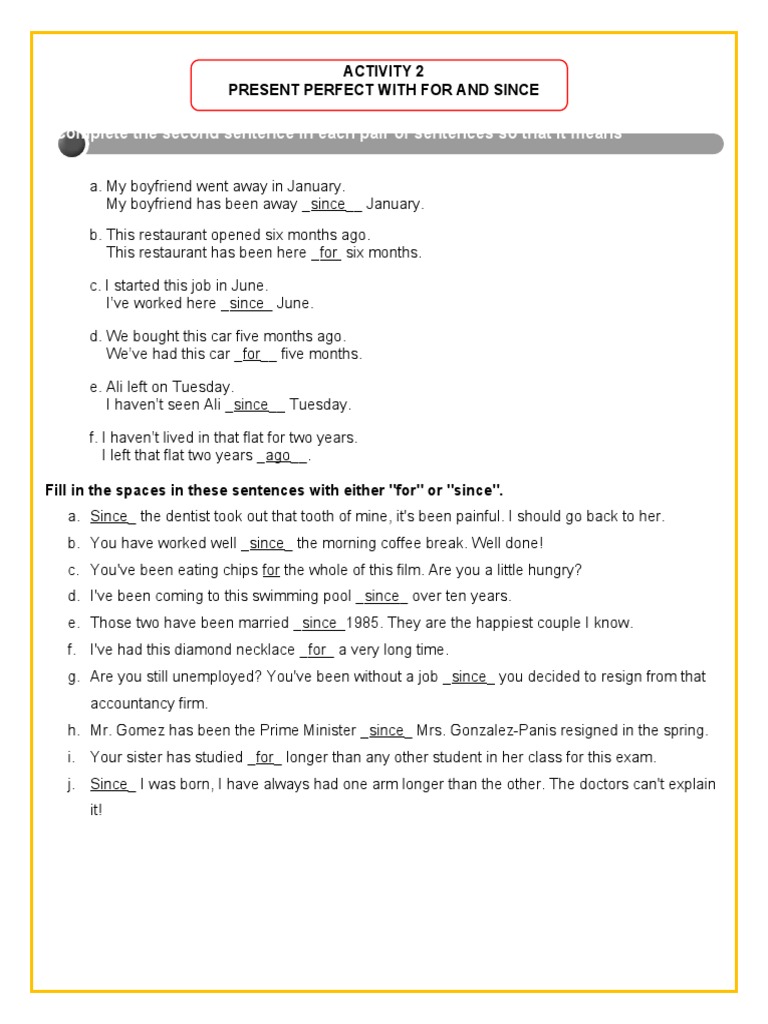 Present Perfect Tense with For and Since Exercises | PDF | Linguistic ...