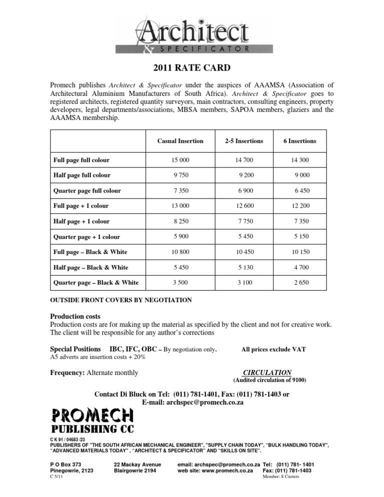 2011 Architect & Specificator Rate Card | PDF | Architect | Business