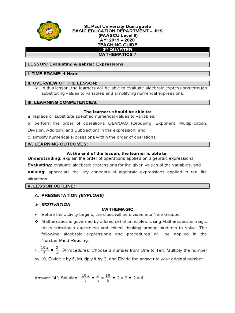 Evaluating Algebraic Expressions Lesson | PDF | Multiplication | Numbers