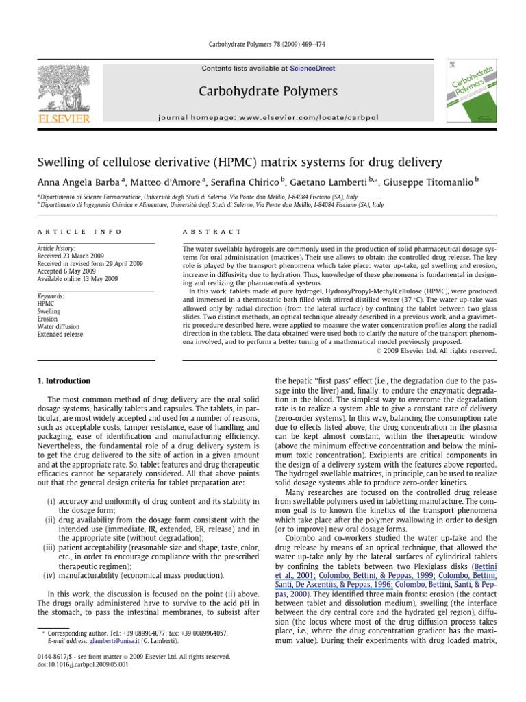 HPMC Matrix Systems for Drug Delivery | PDF | Tablet (Pharmacy) | Chemistry