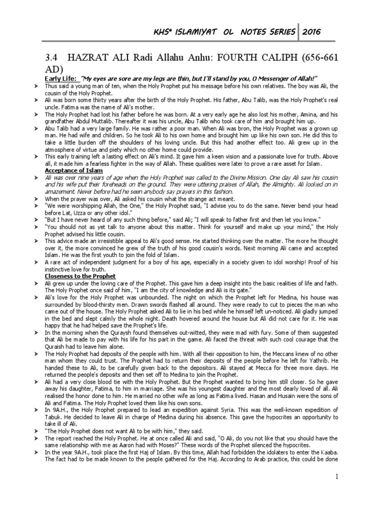 3.4 HAZRAT ALI Radi Allahu Anhu: FOURTH CALIPH (656-661 AD) | PDF | Ali ...