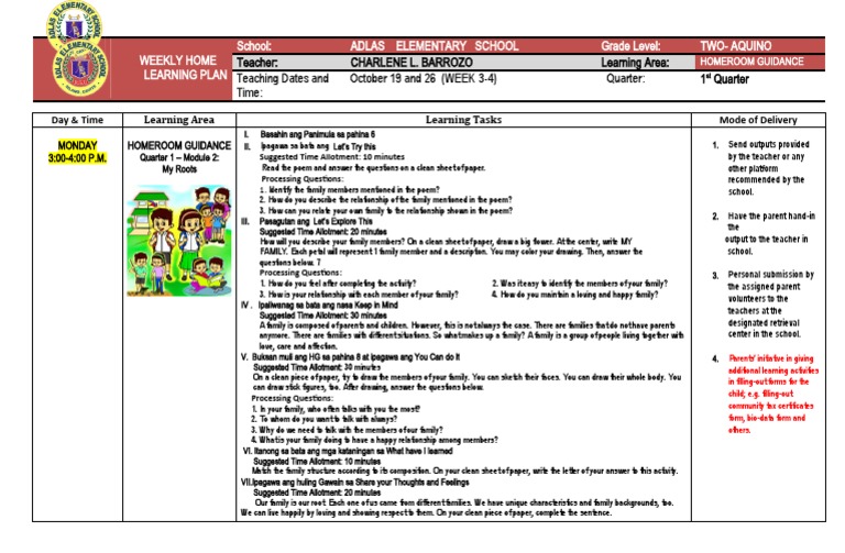 Grade 2 Homeroom Guidance Plan Q1 | PDF | Behavioural Sciences ...