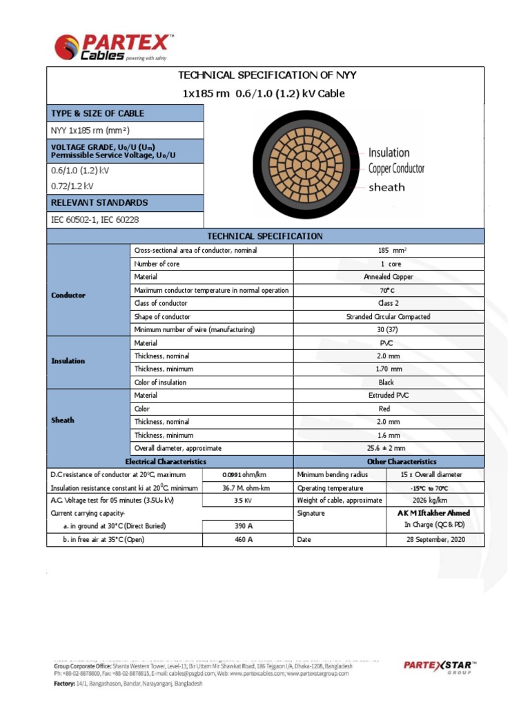 Technical Specification of Nyy 1x185 RM 0.6/1.0 (1.2) KV Cable | PDF ...
