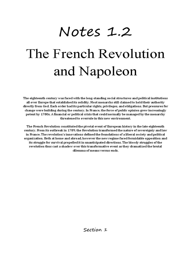 Notes 1.2 The French Revolution and Napoleon Section 1 PDF Reign