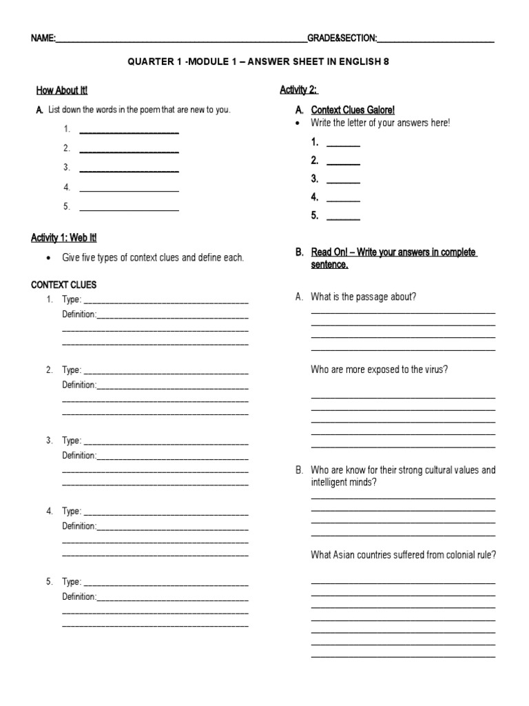 Quarter 1 Module 1 Answer Sheet in English 8 PDF Cognitive