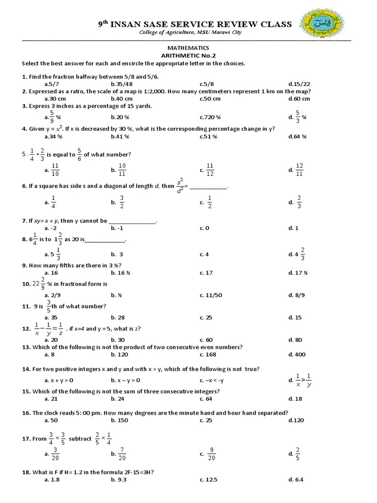 MSU SASE Math Reviewer 2025 | PDF | Algebra | Arithmetic