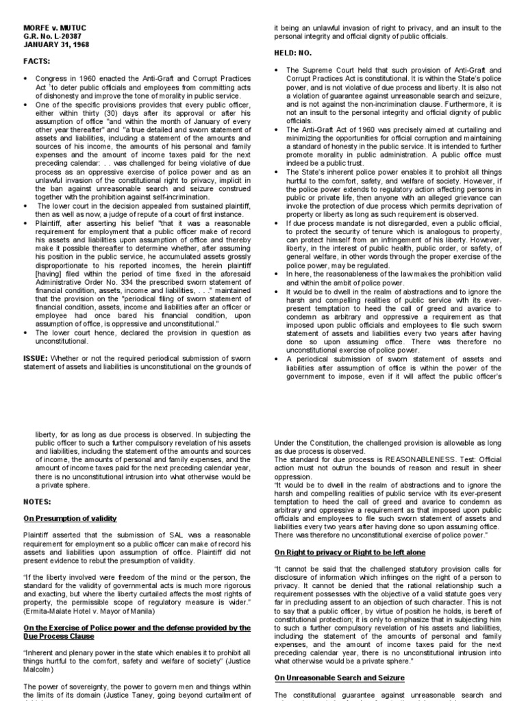 Morfe v. Mutuc Descargar gratis PDF Due Process Clause Search And