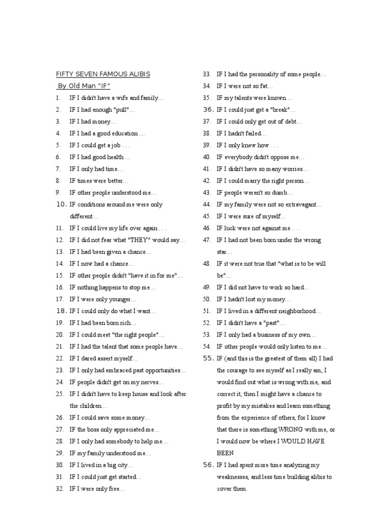 57 Common Alibis for Life's Challenges | PDF | Self-Improvement ...