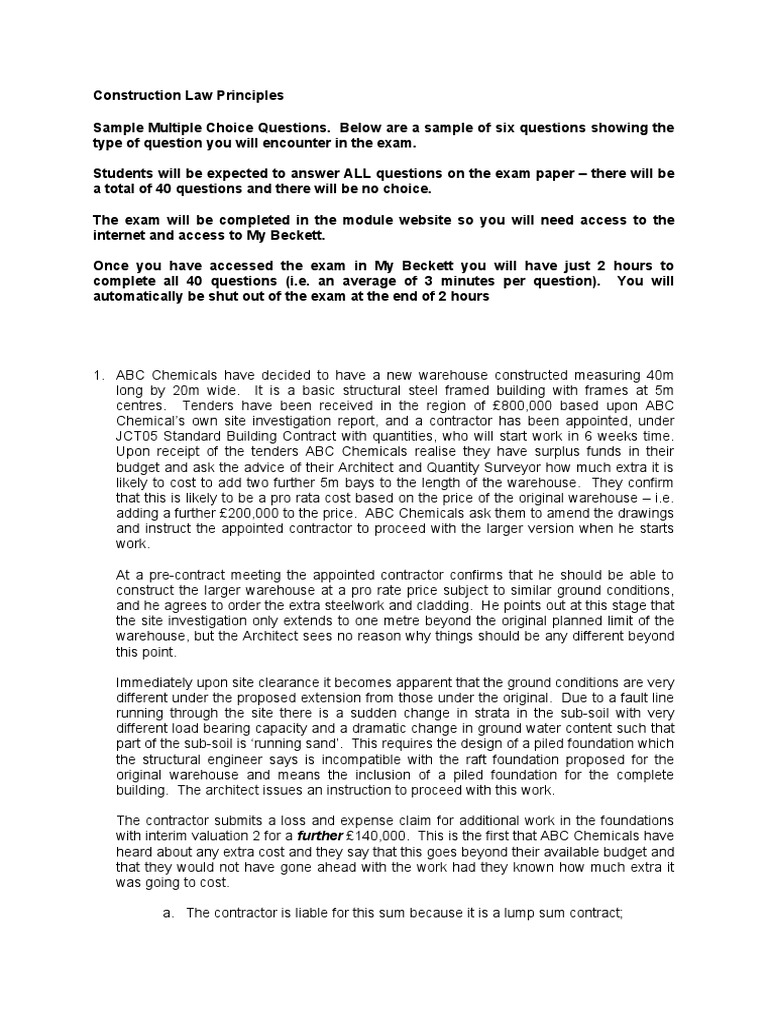Construction Law Exam Sample Questions | PDF | Architect | Employment