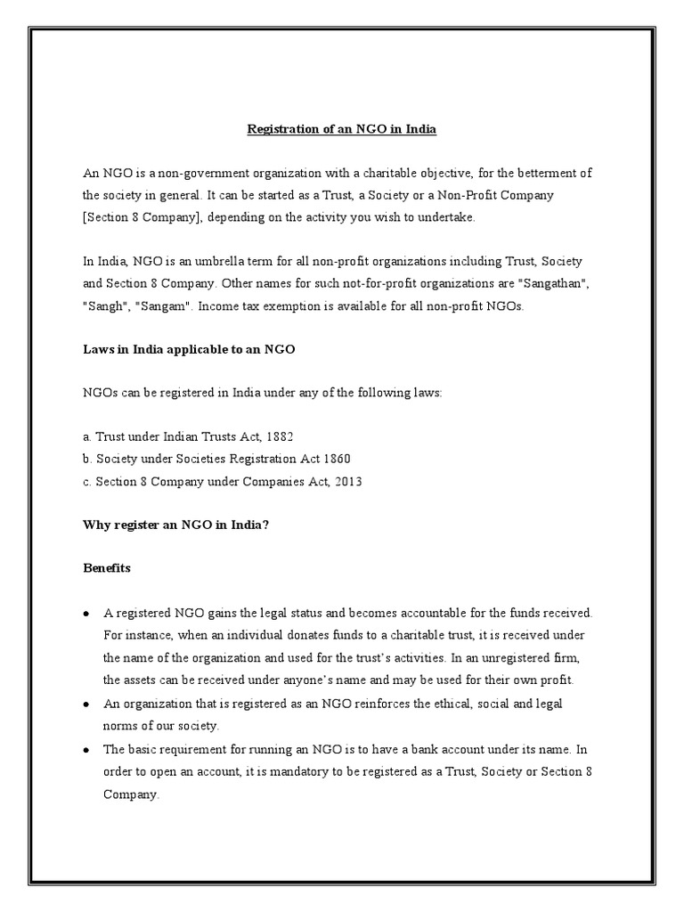 NGO Registration Process in India | PDF | Non Governmental Organization ...