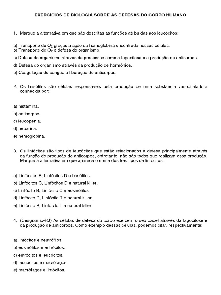 Exercícios sobre Sistema Imunológico | PDF | Glóbulo branco | Antígeno