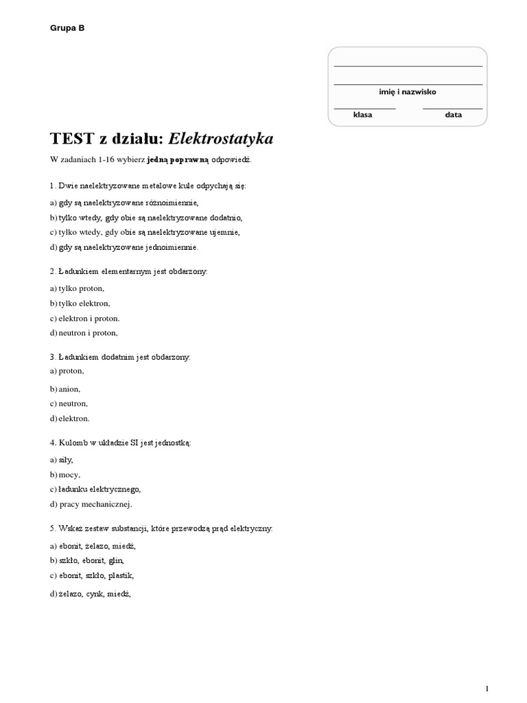 Sprawdzian Fizyka Elektrostatyka Klasa 8 Nowa Era