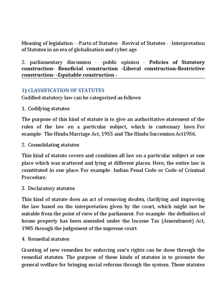 Interpretation of Statutes 1 & 2 Note PDF Statutory