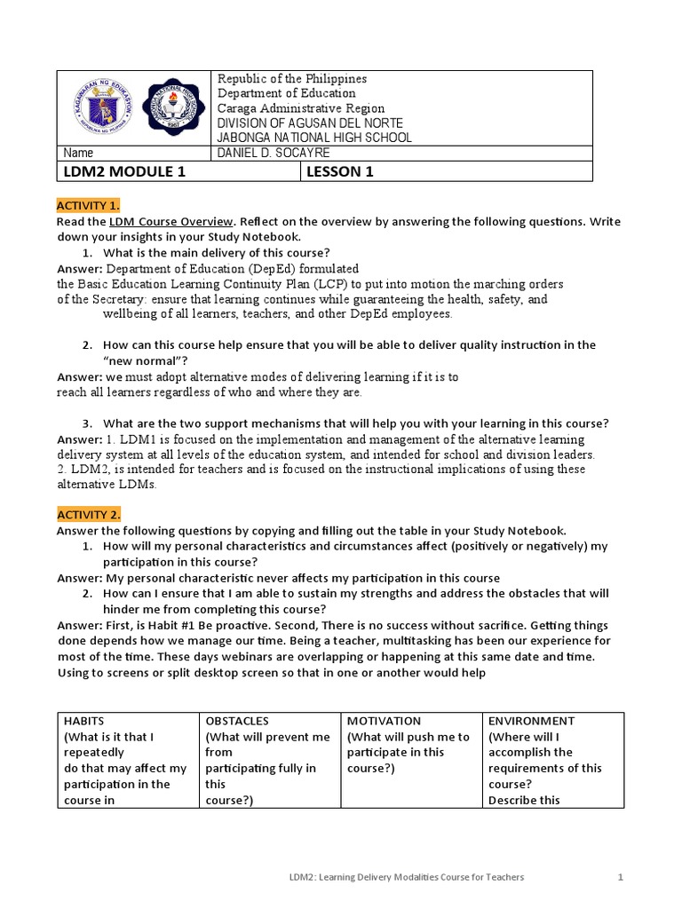LDM2 - Module 1 Lesson 1 Akong Asnwer | PDF | Learning | Behavior ...