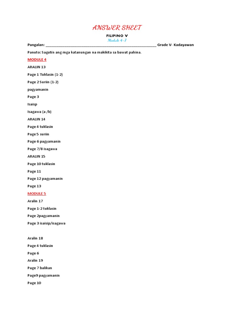 ANSWER SHEET Filipino Module 4 - 7 | PDF | Business | Computers