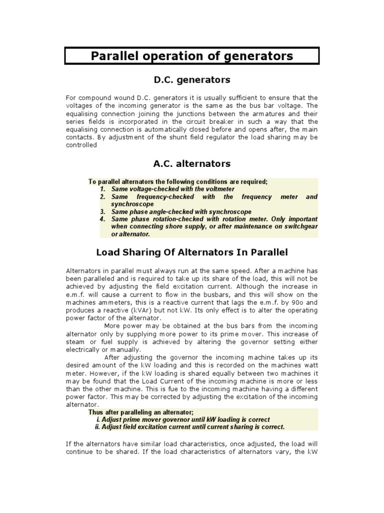 Load sharing and parallel operation of D.C. generators and A.C